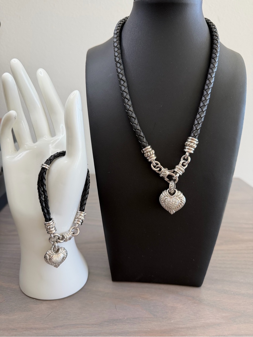Judith Ripka Reversible Sterling Silver Heart Leather Necklace and Bracelet
